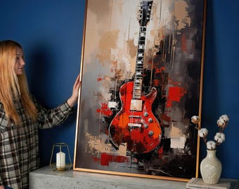 Vibrant Red Guitar Oil Painting Print, Musical Wall Art Decor