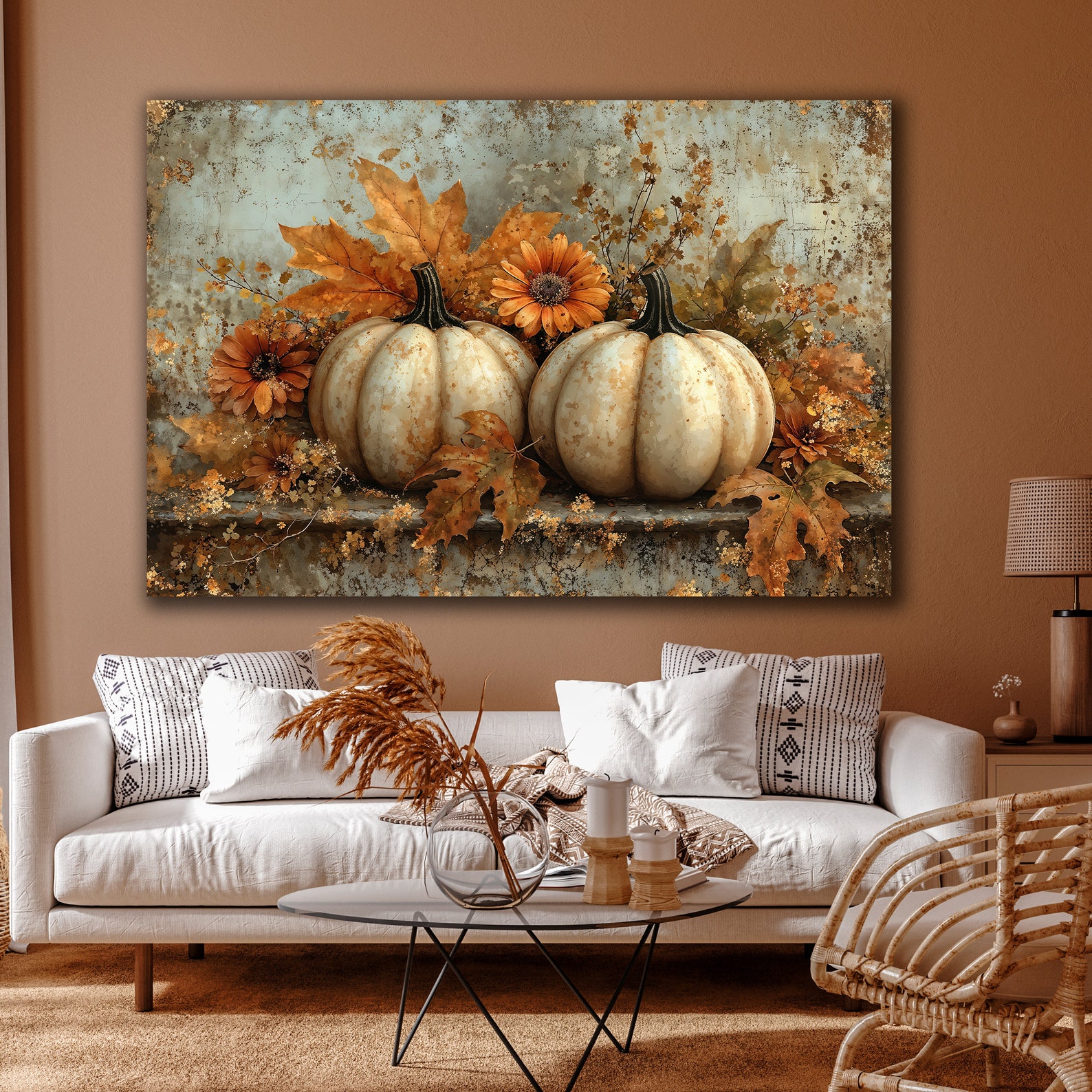 White Pumpkins Canvas Wall Art Halloween Decor Autumn Harvest and