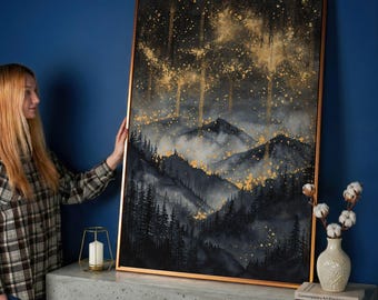 Abstract Mountain Landscape Canvas Art: Gold Black Starry Night Sky Painting Print