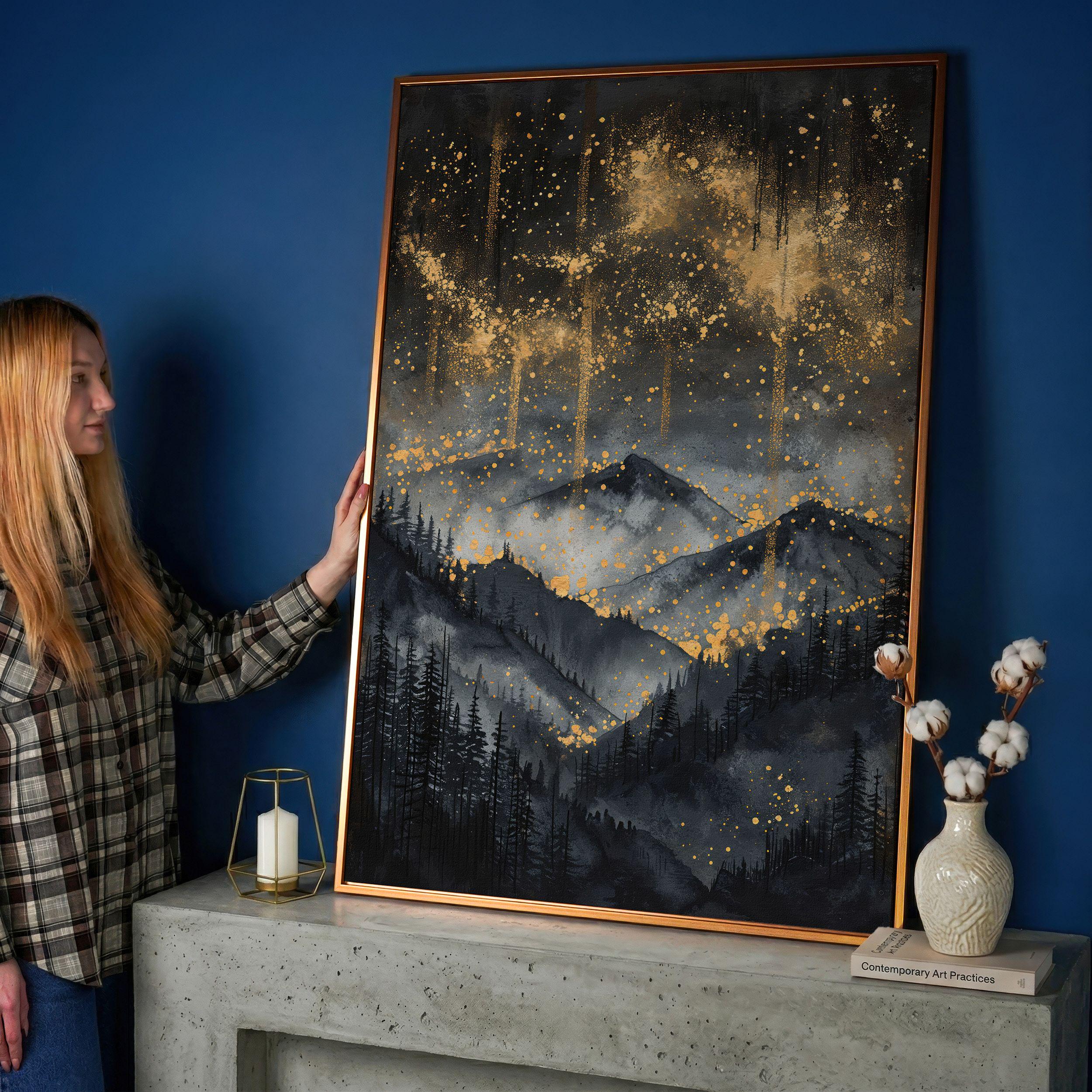 Abstract Mountain Landscape Canvas Art: Gold Black Starry Night Sky ...