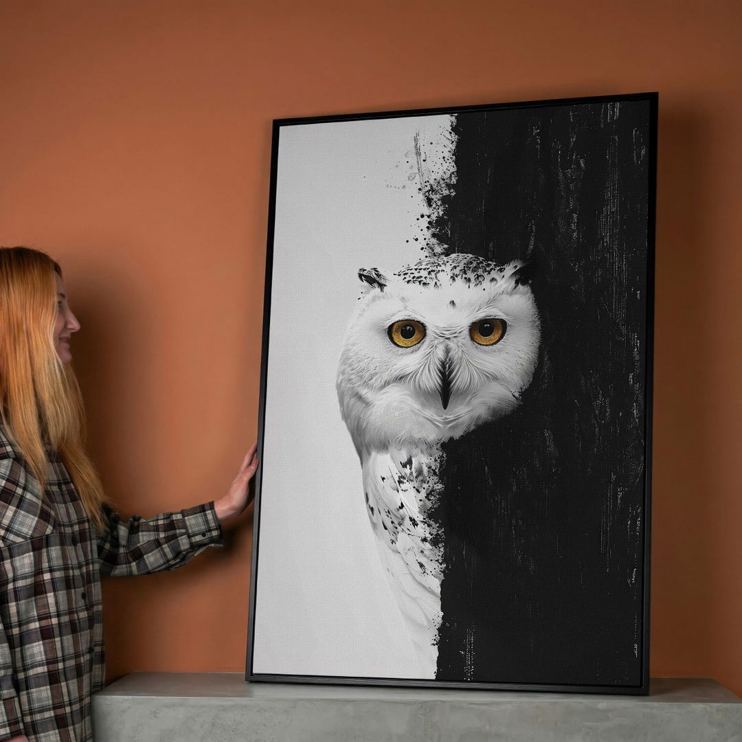 Mystic Gaze Snowy Owl Canvas Art Print: Abstract Black and White Bird ...