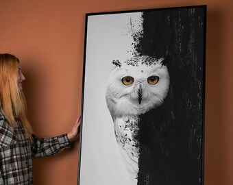 Mystic Gaze Snowy Owl Canvas Art Print: Abstract Black and White Bird Decor