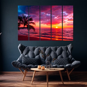 Beautiful sunset Canvas Wall Art tropical beach with palm tree and pink sky for travel and vacation in holiday relax time Ocean Sunset image 3