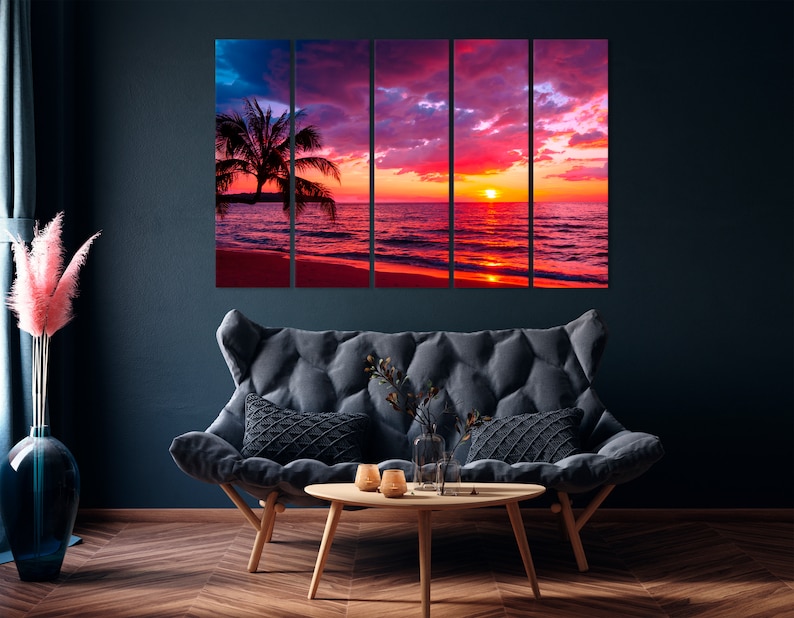 Beautiful sunset Canvas Wall Art tropical beach with palm tree and pink sky for travel and vacation in holiday relax time Ocean Sunset image 3