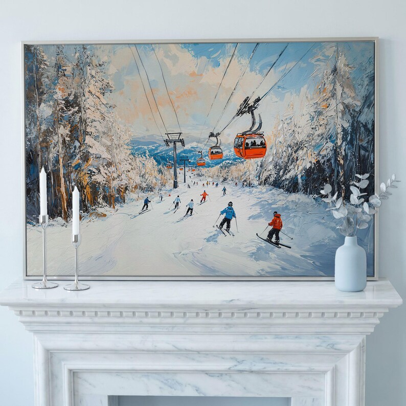 Lienzo enmarcado con remonte de estación de esquí, impresión de pintura de paisaje invernal, decoración del hogar, regalo para esquiadores imagen 18