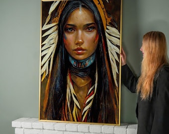 American Indian Art Beautiful American Girl Warrior Indian Sacagawea Indian Large Canvas Art Canvas Wall Art Home Decor