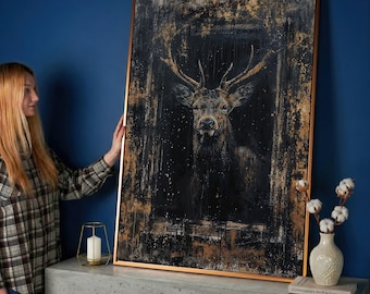 Abstract Stag Deer Painting Print, Rustic Wildlife Canvas Wall Art