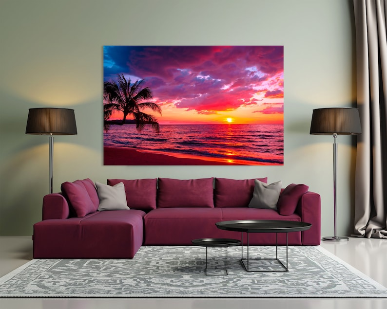 Beautiful sunset Canvas Wall Art tropical beach with palm tree and pink sky for travel and vacation in holiday relax time Ocean Sunset image 1