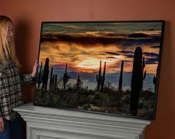 Sonoran Desert Sunset Cactus Canvas Wall Art, Arizona Nature Print, Farmhouse Decor
