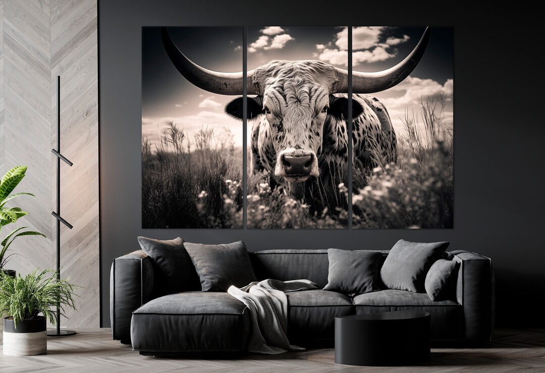 Black White Texas Longhorn Cow Wall Art Decor Farmhouse Horned Animal
