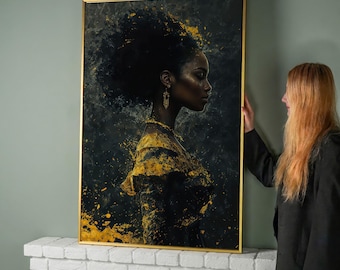 African American Woman Portrait Canvas Art – Gold Accents Abstract Fashion Print