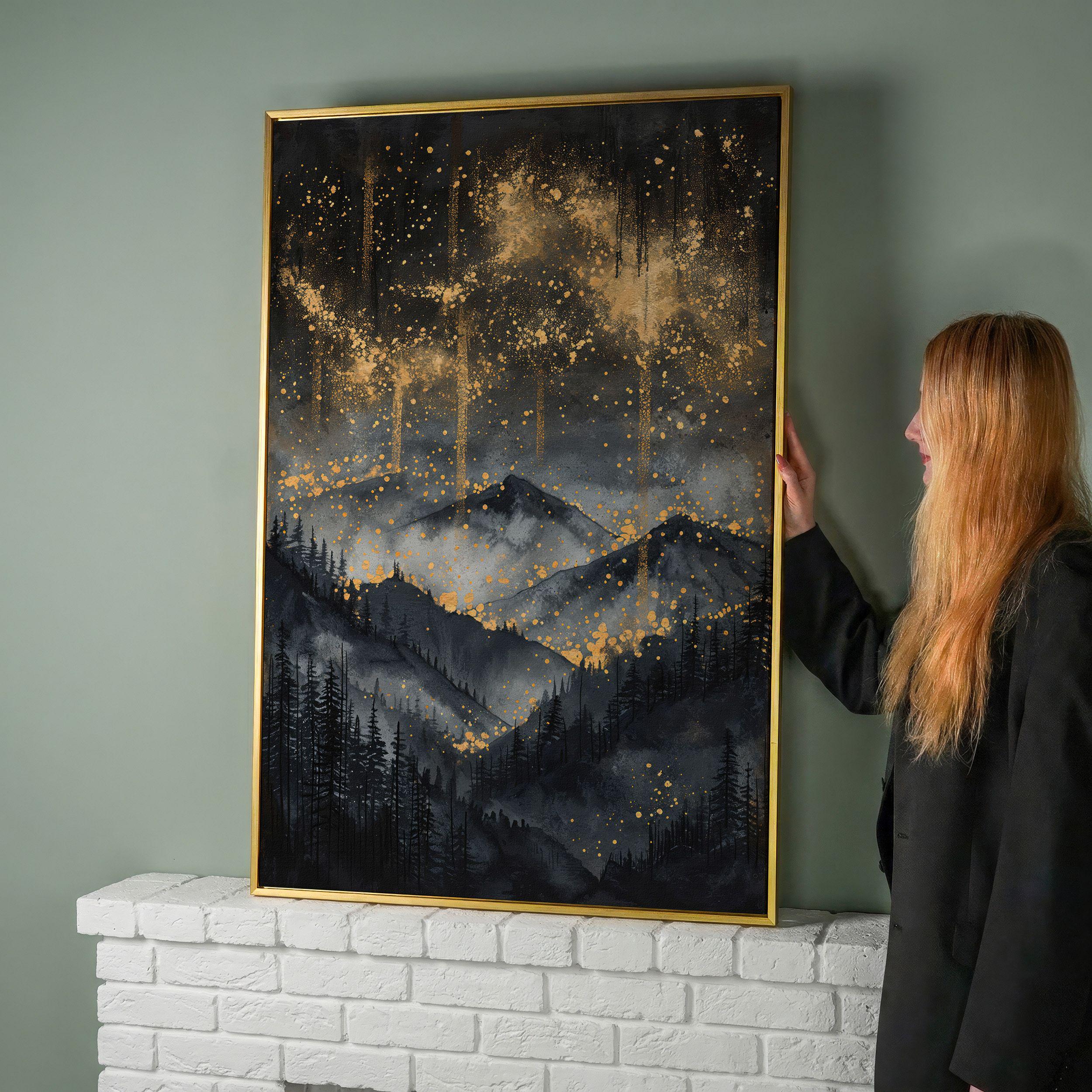 Abstract Mountain Landscape Canvas Art: Gold Black Starry Night Sky ...