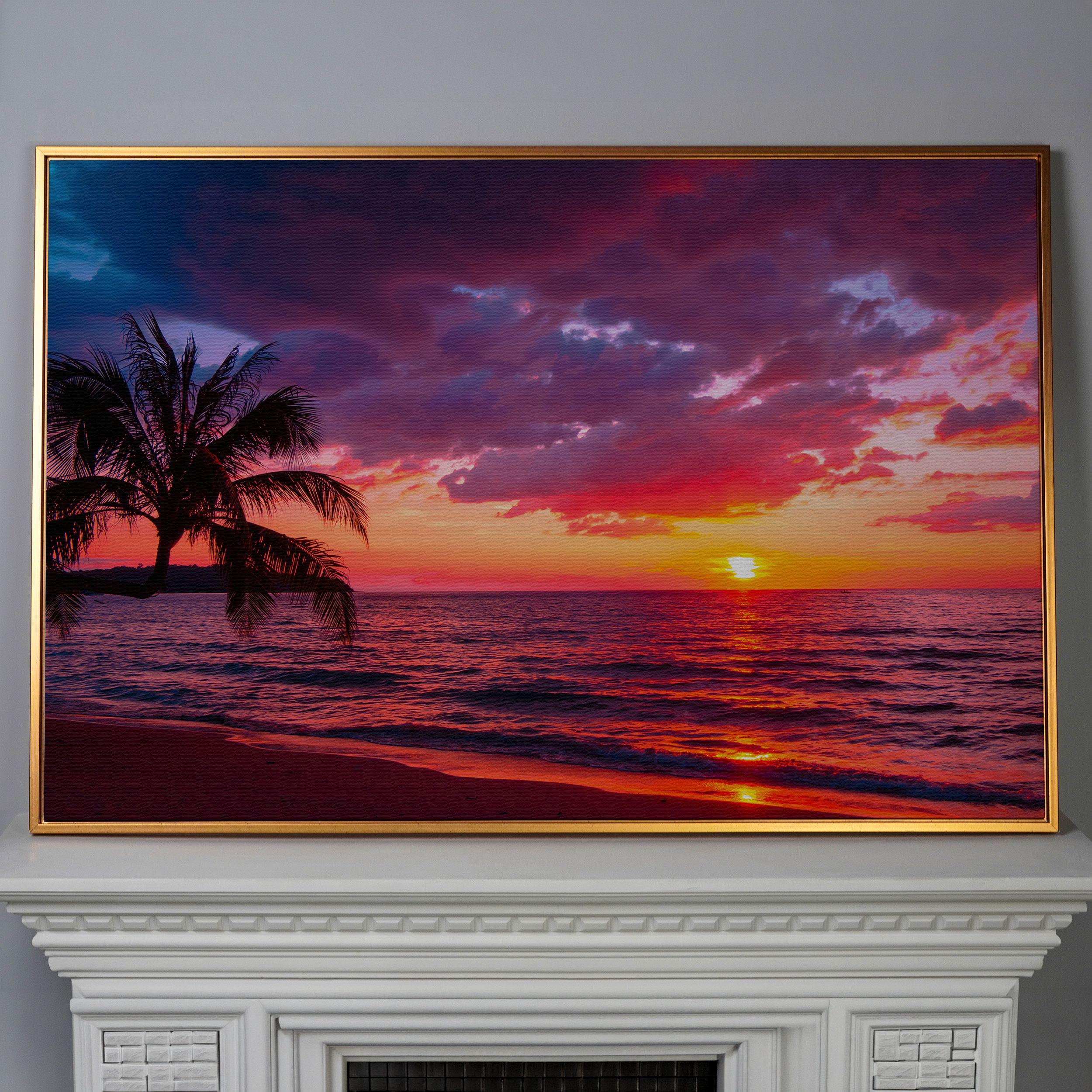 Tropical Beach Sunset Canvas Wall Art: Palm Tree, Pink Sky, Ocean View ...