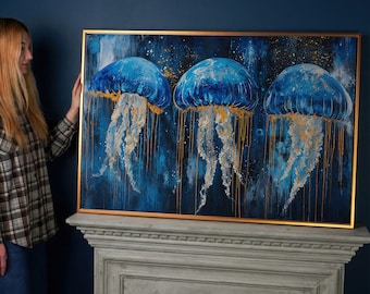 Blue Ocean Jellyfish Canvas Wall Art, Abstract Marine Painting Print, Modern Underwater Decor