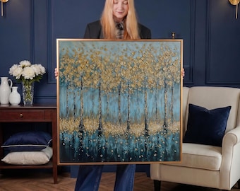 Impresión artística en lienzo de árboles dorados, bosque abstracto azul y dorado