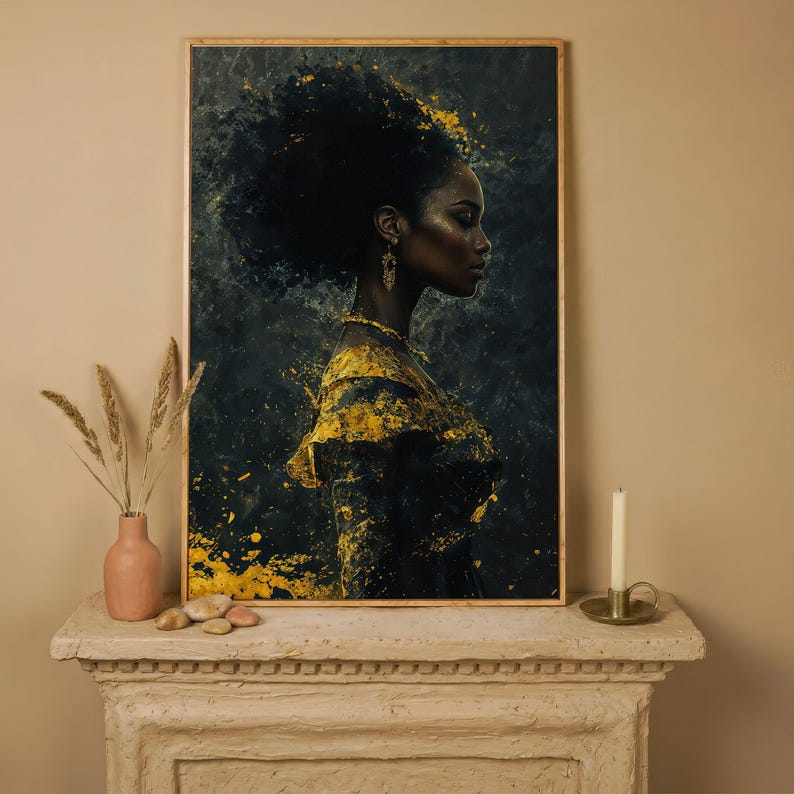 African American Woman Portrait Canvas Art – Gold Accents Abstract Fashion Print White Oak Frame