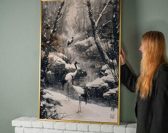 Japanese Red Cranes Winter Forest Canvas Print – Serene Asian Birds Wall Art