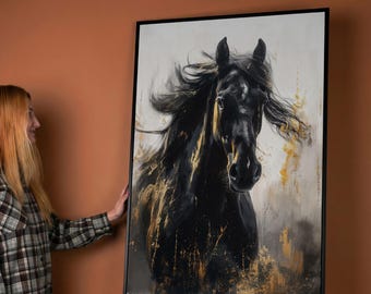 Black Gold Horse Canvas Print: Abstract Stallion Farmhouse Wall Art Poster