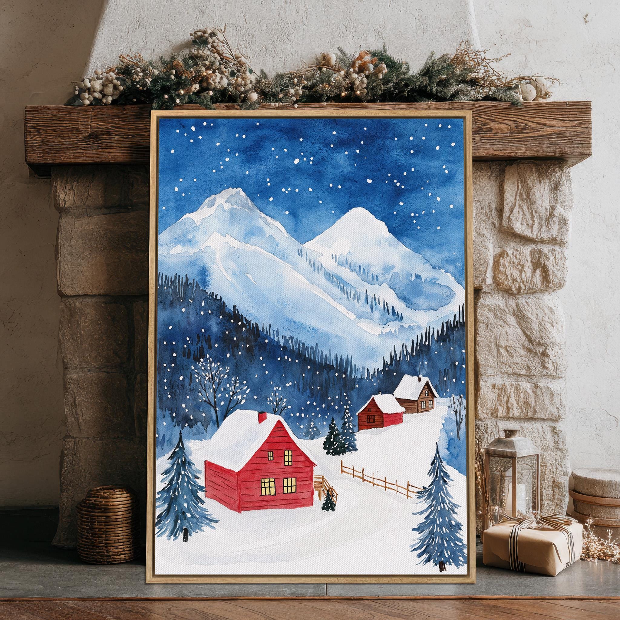 Snowy Mountain Cabins Canvas Wall Art Winter Landscape Watercolor ...