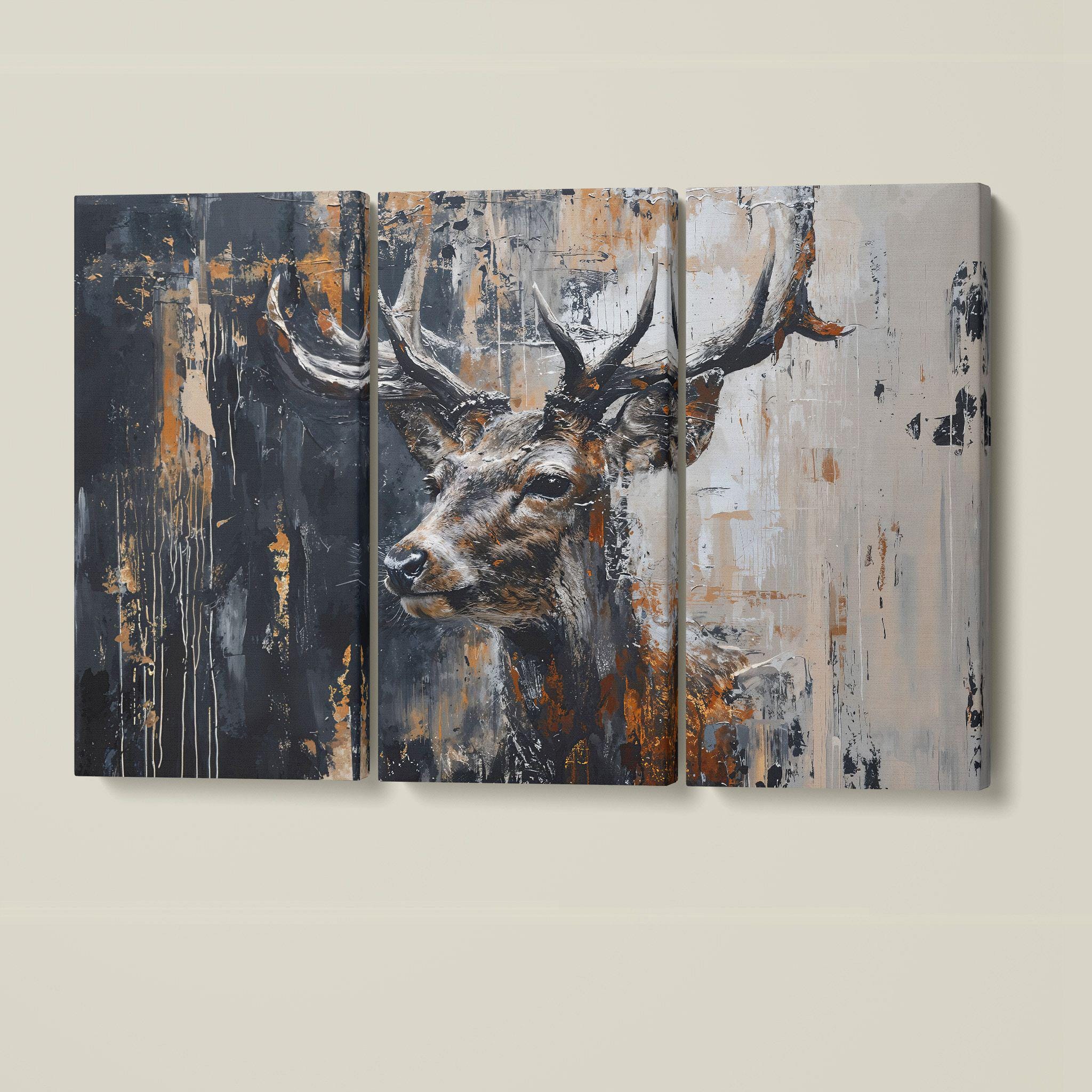 Abstract Stag Painting Print, Black Beige Canvas Wall Art, Deer Decor ...