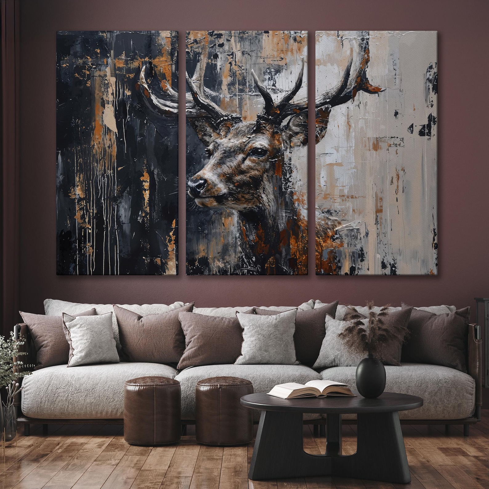 Abstract Stag Painting Print Black and Beige Canvas Wall Art Adorable ...