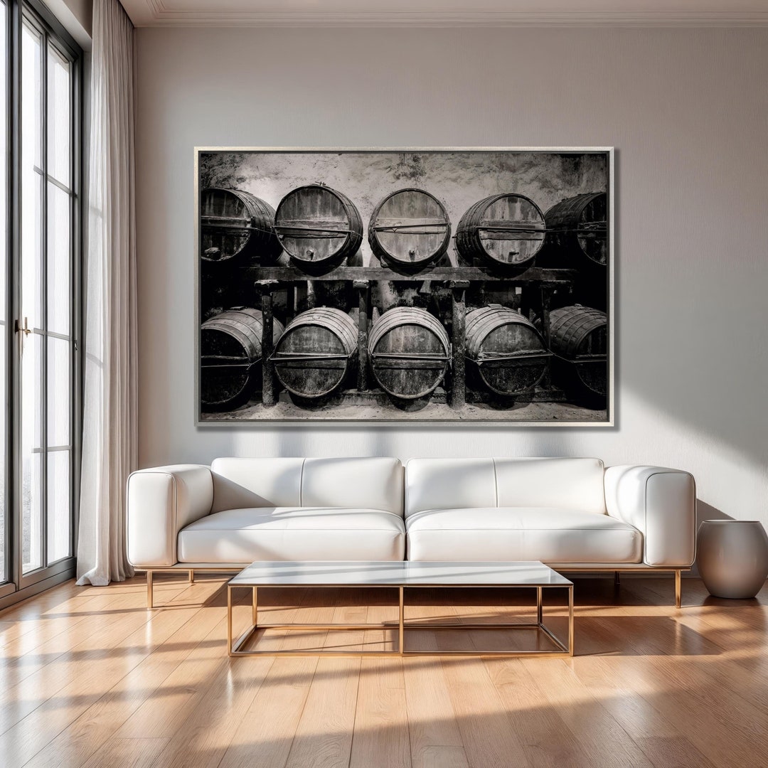 Wine Barrels Stacked in the Winery Canvas Wall Art Black and White ...