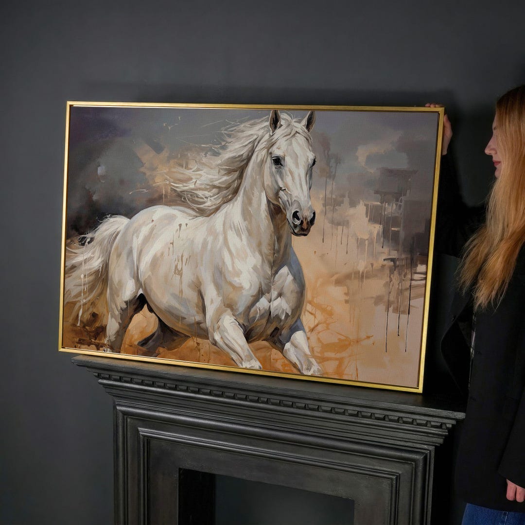 White Running Horse Oil Painting Print, Extra Large Rustic Farmhouse ...