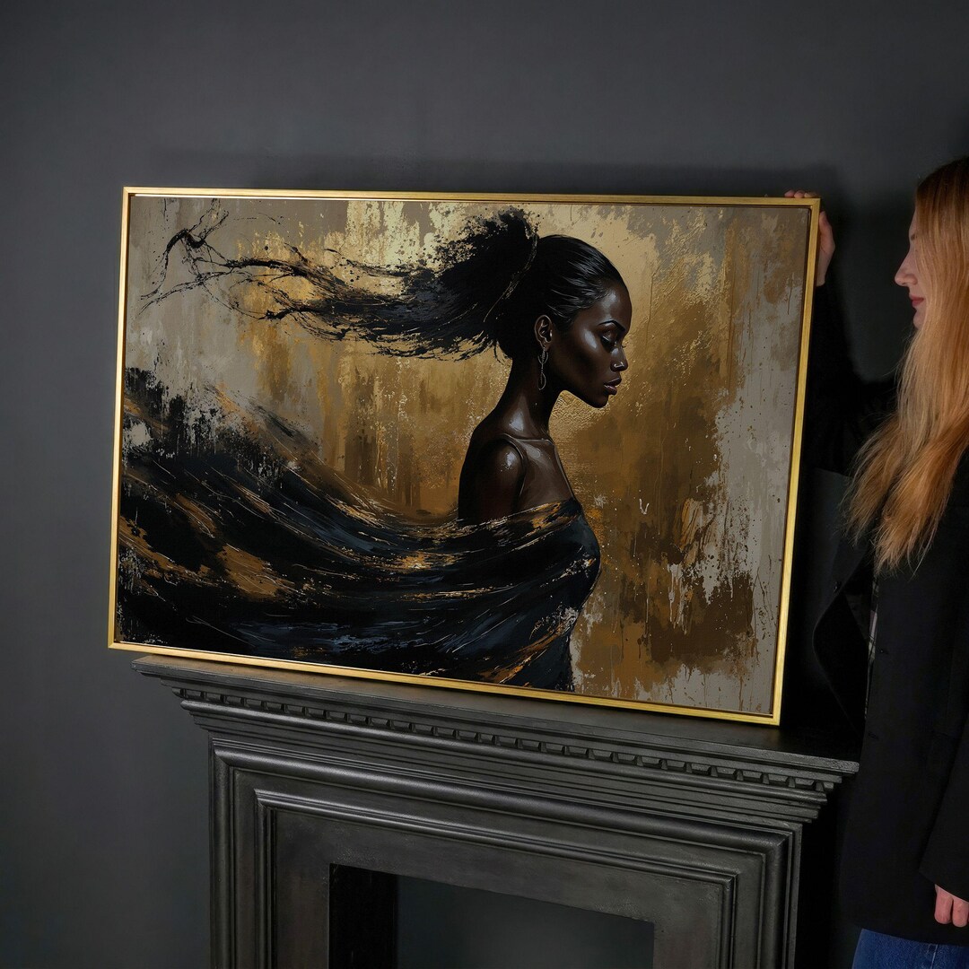 Woman Portrait Canvas Wall Art Black Gold Painting Print Luxury Decor ...