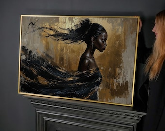 Woman Portrait Canvas Wall Art Black Gold Painting Print Luxury Decor Poster Artwork