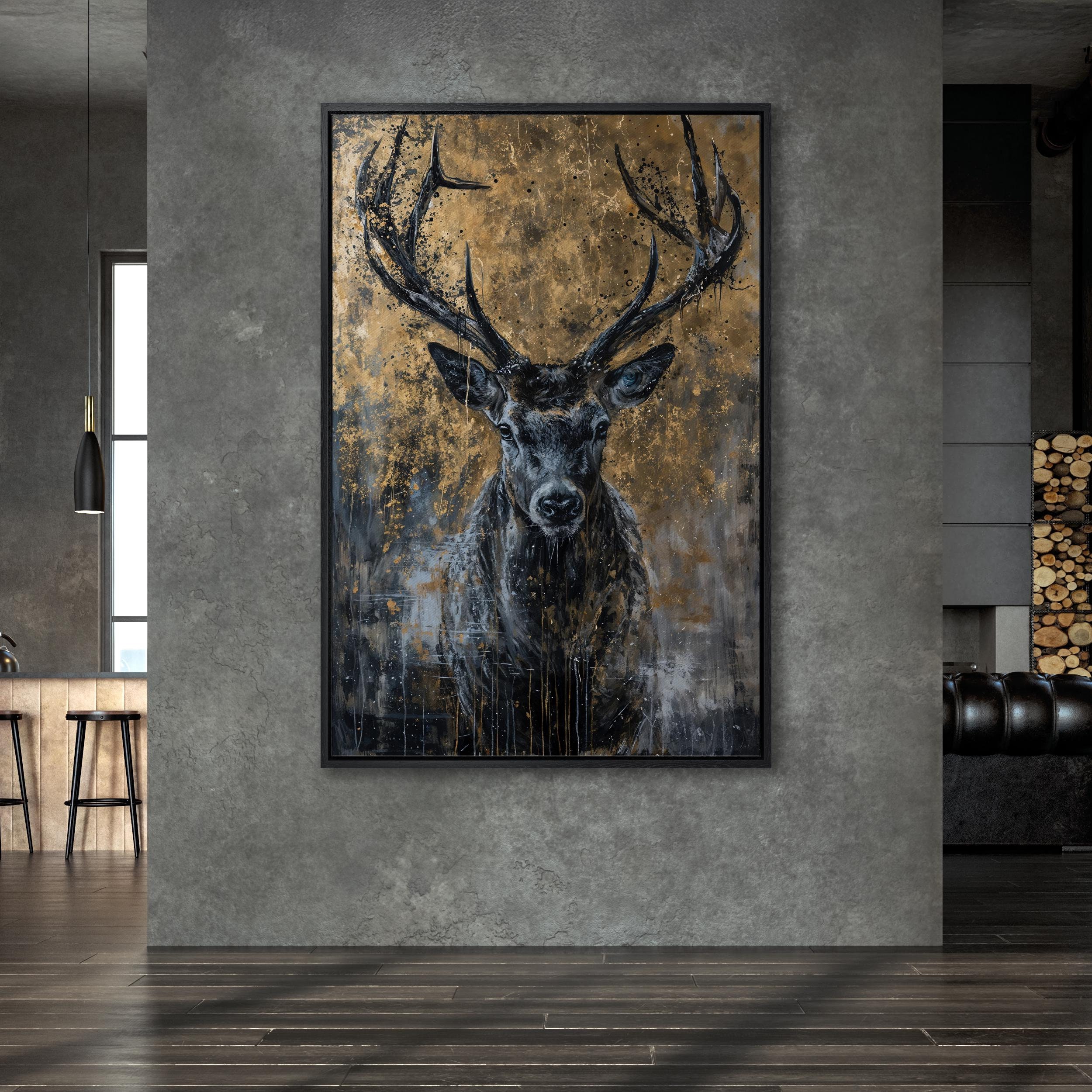 Abstract Gold Black Deer Painting Print Stag Portrait Canvas Wall Art Deer Antlers Wall Art Decor Wildlife Canvas Print Staircase Wall Decor