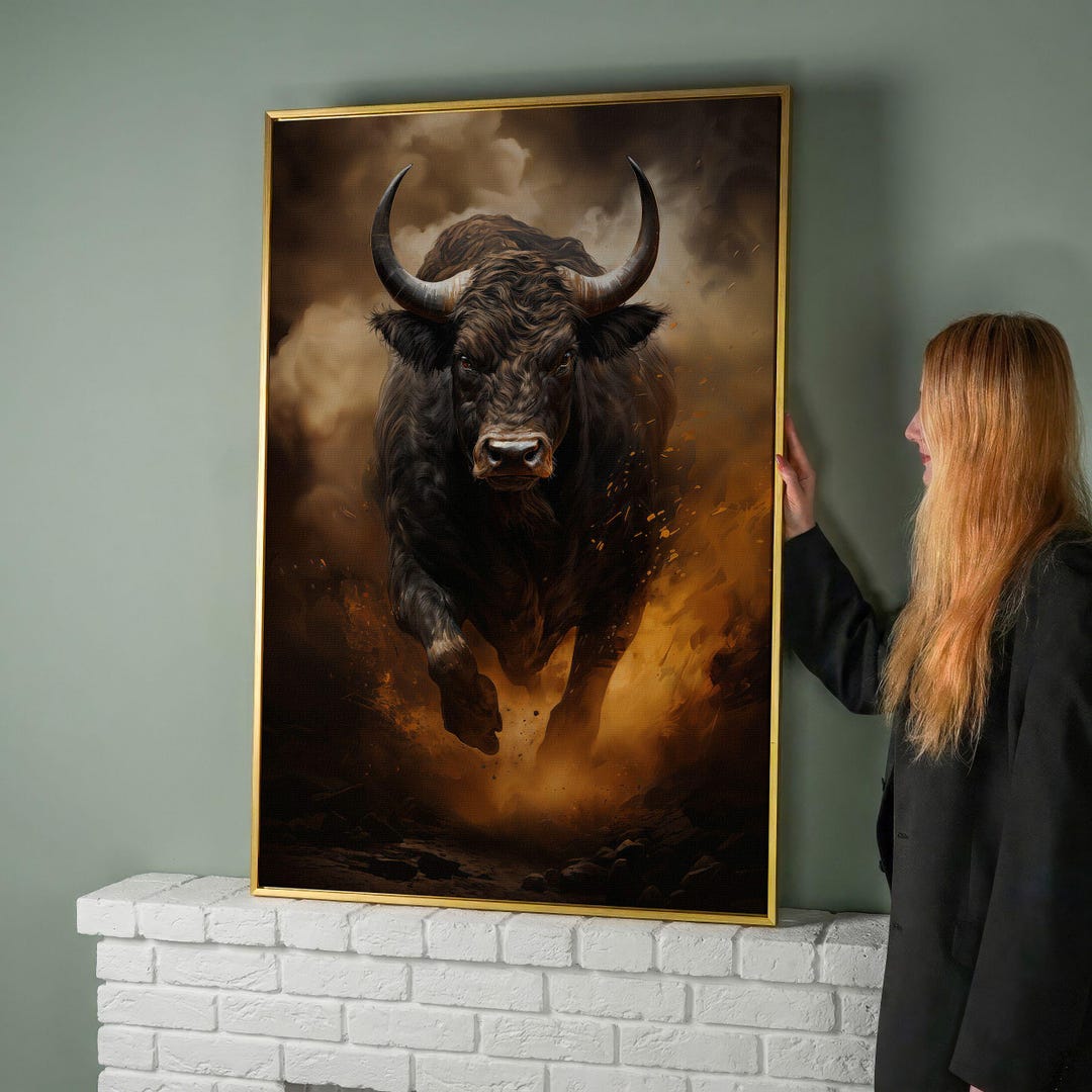 Black Angry Bull Canvas Wall Art, Powerful Running Animal Print Decor ...