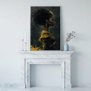 African American Woman Portrait Canvas Art – Gold Accents Abstract Fashion Print Silver Frame