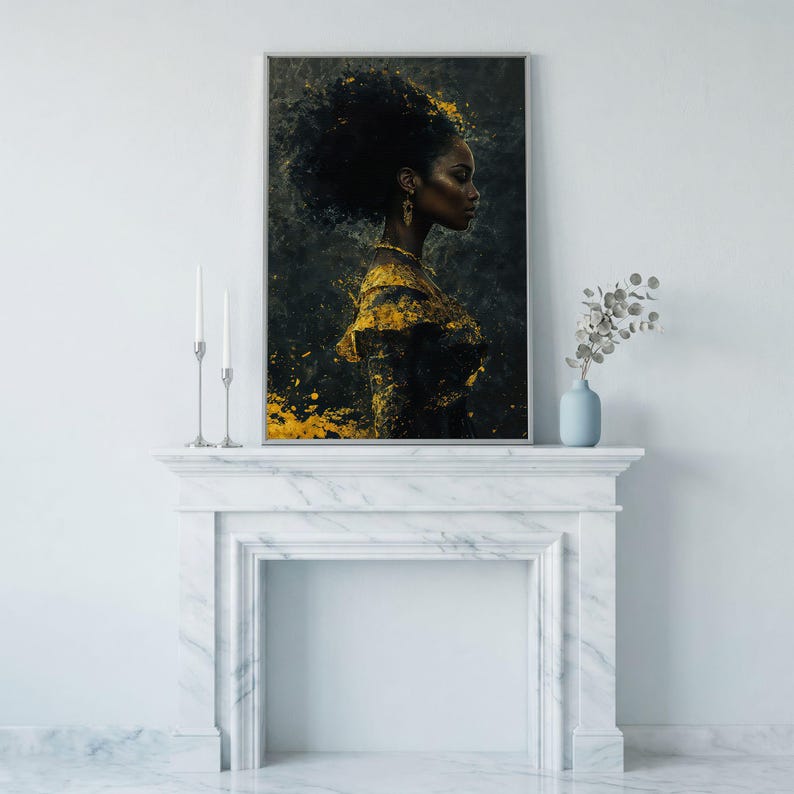 African American Woman Portrait Canvas Art – Gold Accents Abstract Fashion Print Silver Frame