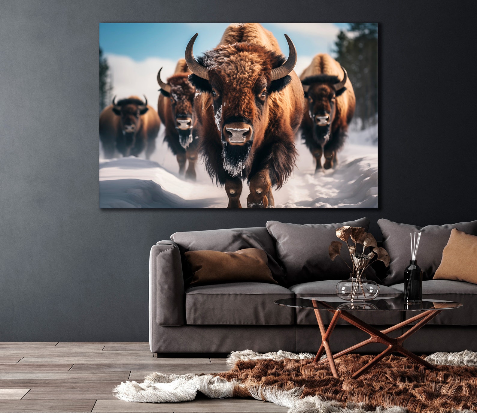 Wildlife Art Herd of Buffalo Running in the Snow Canvas Wall Art Winter ...