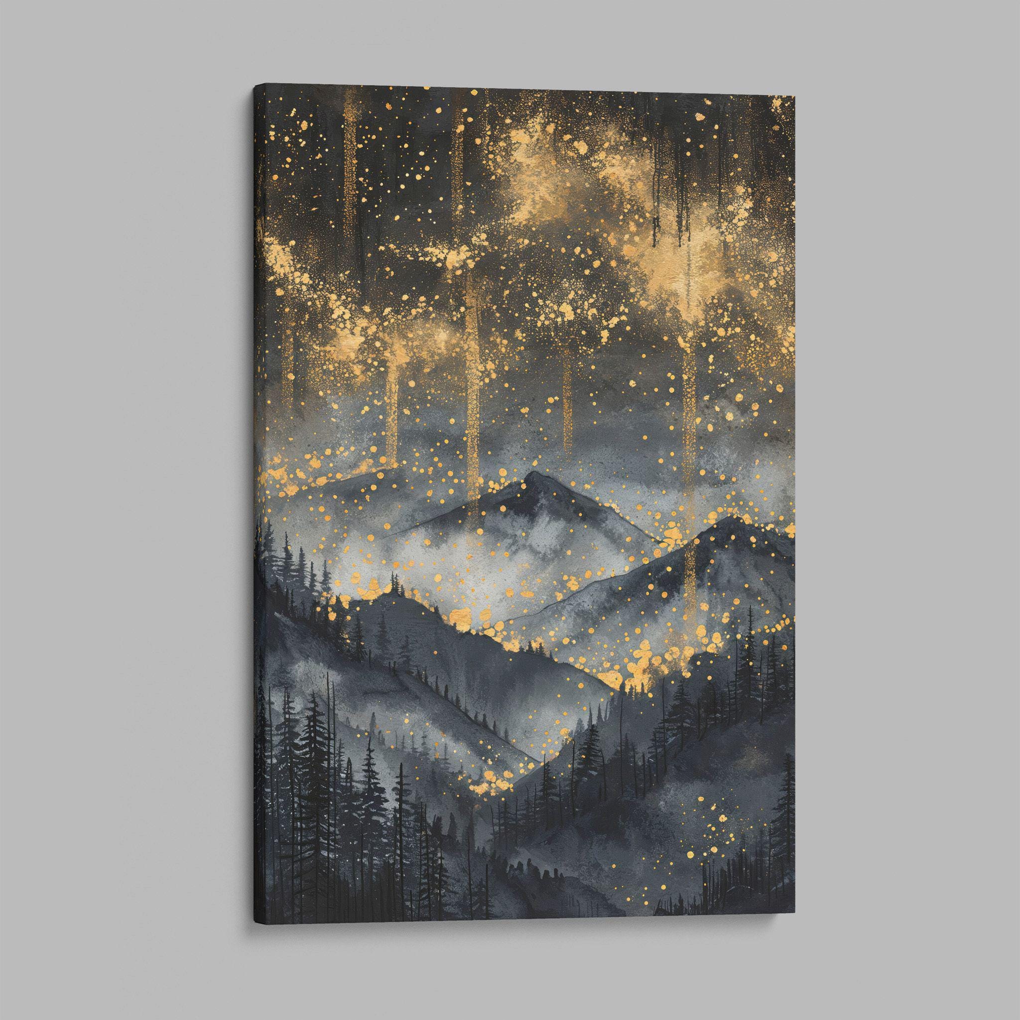 Abstract Mountain Landscape Canvas Art: Gold Black Starry Night Sky ...