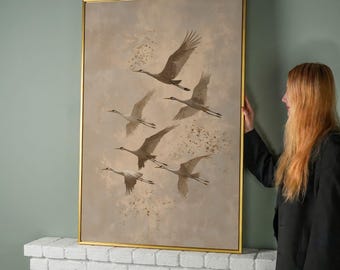 Elegant Cranes Canvas Wall Art, Japanese Wildlife Flock Painting Print