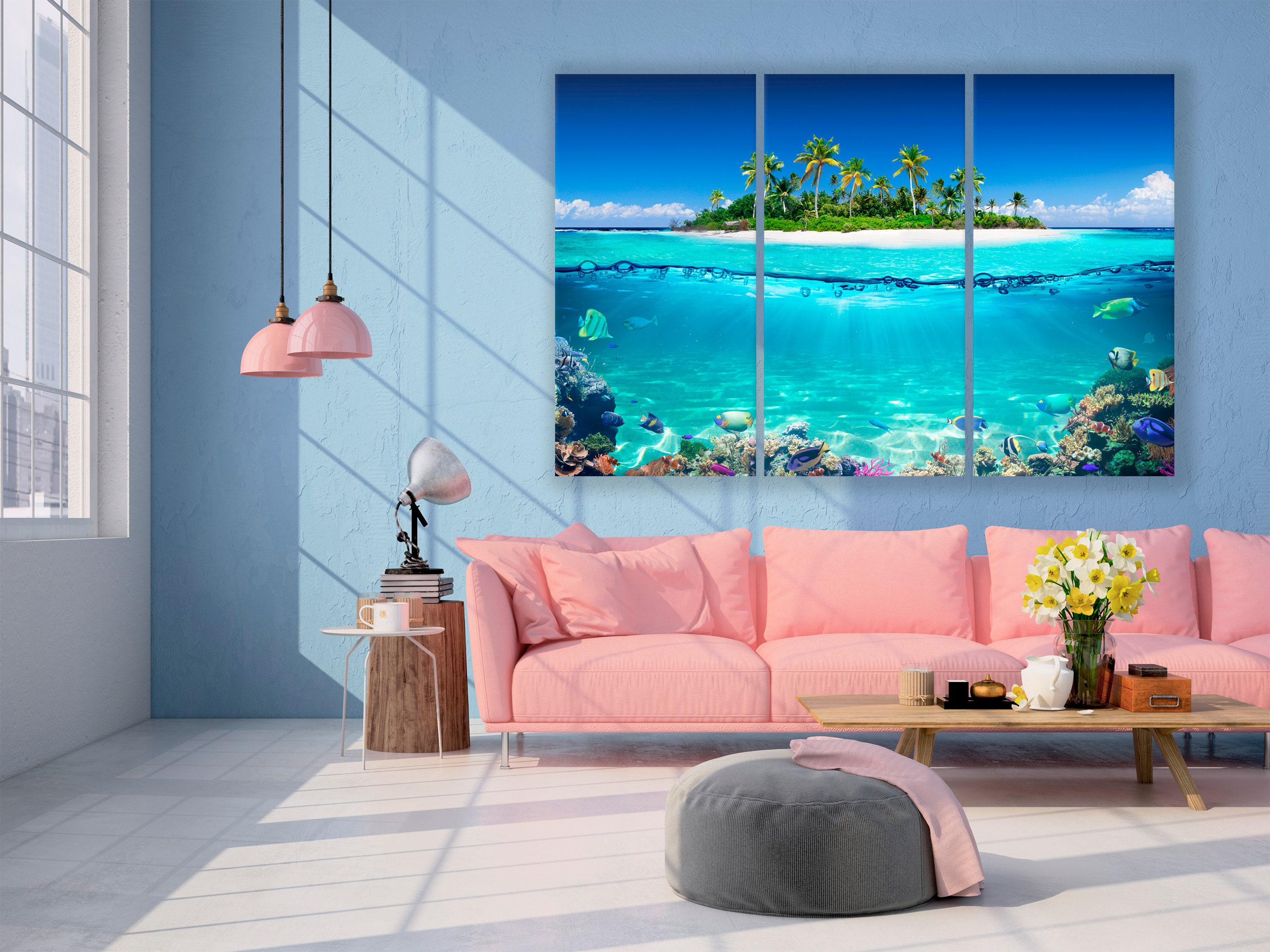 Tropical Island and Coral Reef Bedroom Wall Decor Split View With Waterline Beach Canvas Large