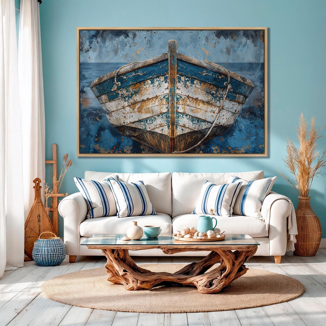 Vintage Wooden Boat Canvas Wall Art Nautical White Blue Rowboat Print ...