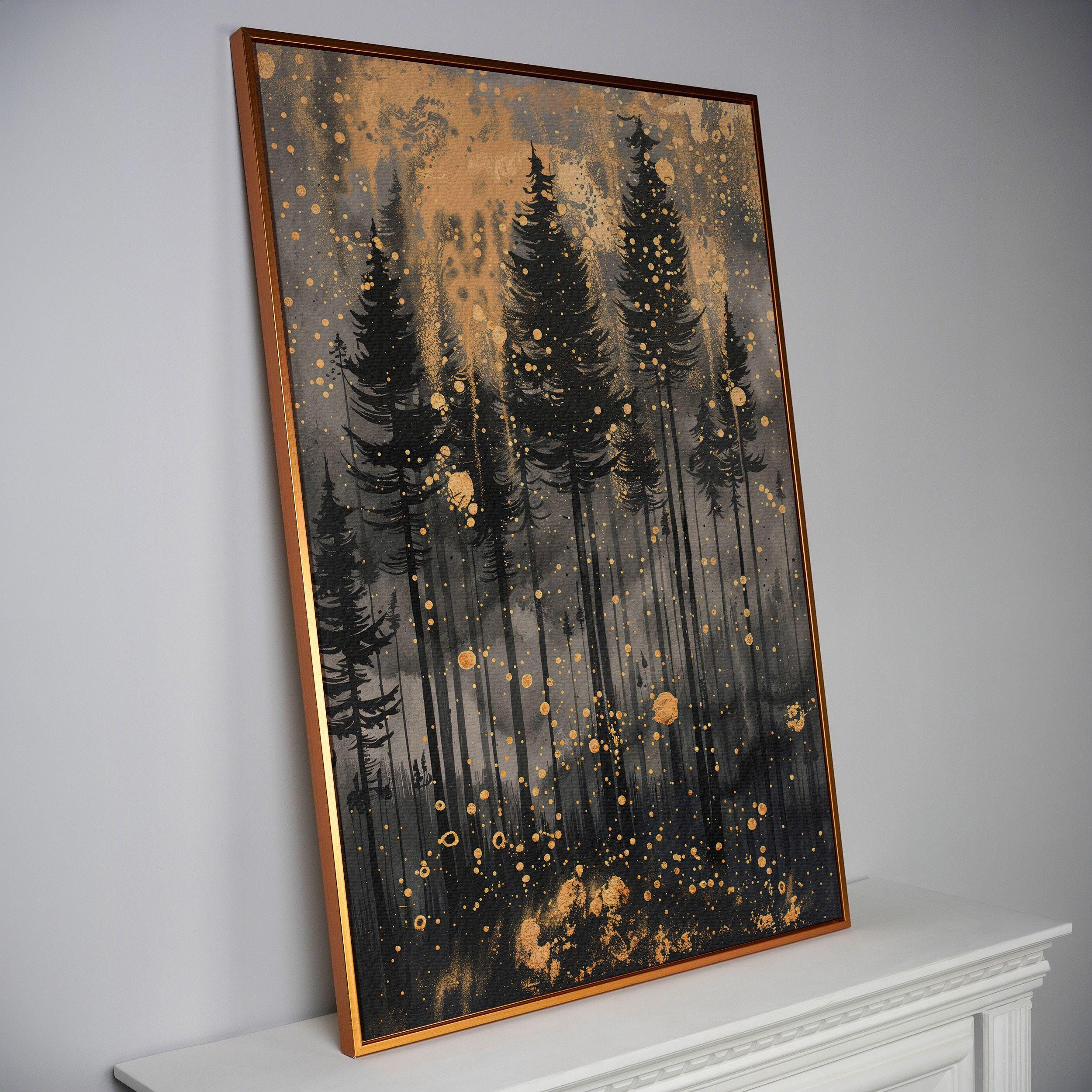 Abstract Gold Black Forest Canvas Art: Starry Night Sky Painting Print ...