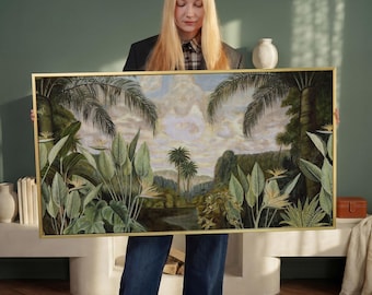Impresión en lienzo de selva tropical: arte mural con hojas de plátano y vegetación exuberante.