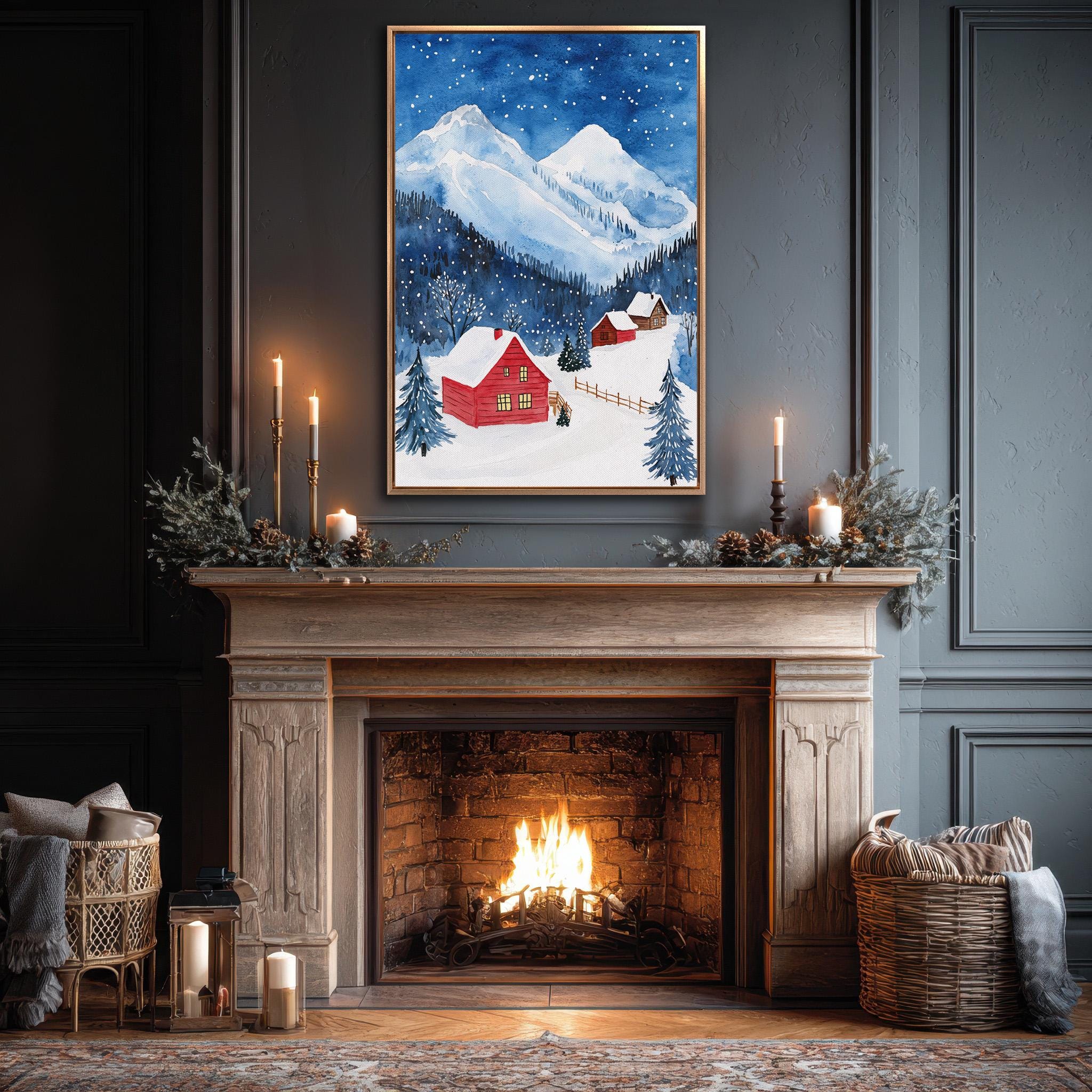 Snowy Mountain Cabins Canvas Wall Art Winter Landscape Watercolor ...