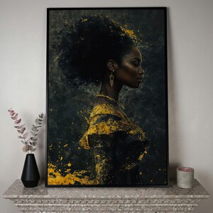 African American Woman Portrait Canvas Art – Gold Accents Abstract Fashion Print Black Frame