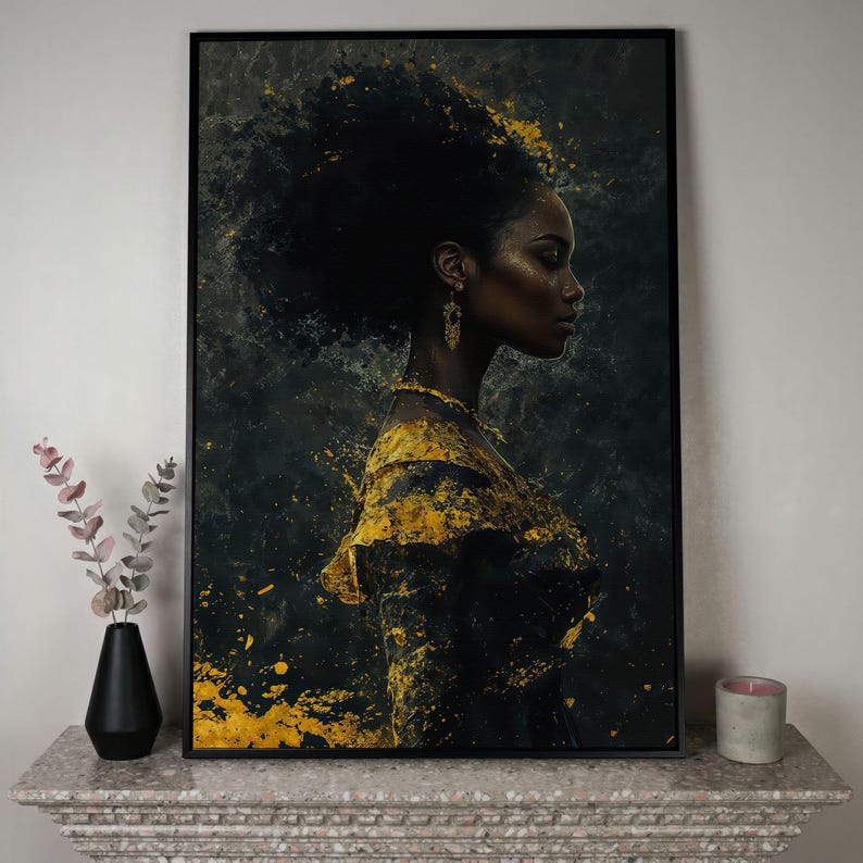 African American Woman Portrait Canvas Art – Gold Accents Abstract Fashion Print Black Frame