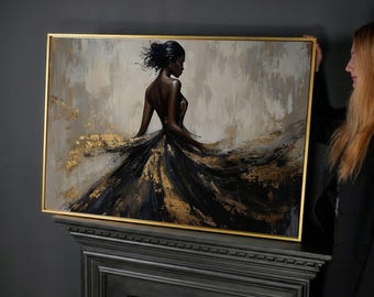 Black Gold Woman Canvas Art, Abstract Fashion Painting Print, Modern Wall Decor