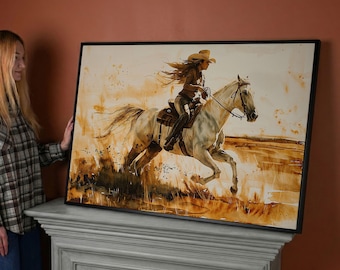 Cowgirl Rider Galloping Horse Canvas Wall Art – Rural Landscape Painting Print