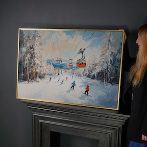 Lienzo enmarcado con remonte de estación de esquí, impresión de pintura de paisaje invernal, decoración del hogar, regalo para esquiadores imagen 1