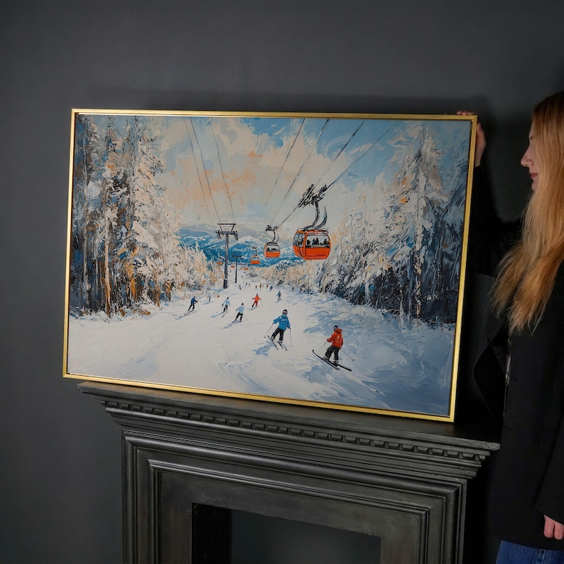 Lienzo enmarcado con remonte de estación de esquí, impresión de pintura de paisaje invernal, decoración del hogar, regalo para esquiadores imagen 1