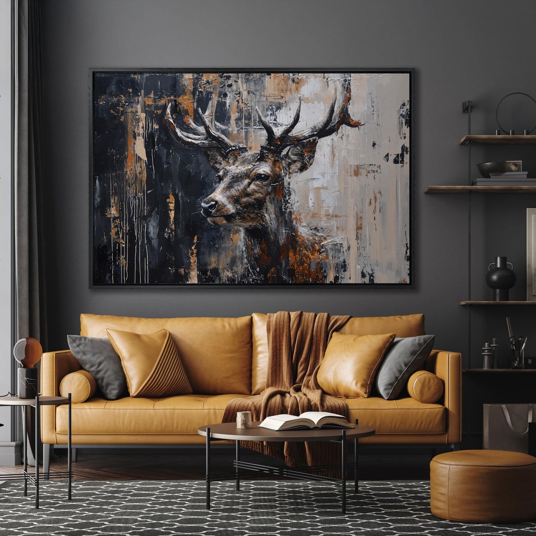 Abstract Stag Painting Print Black and Beige Canvas Wall Art Adorable ...