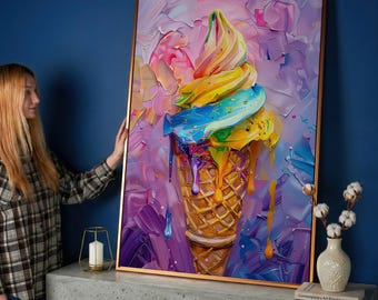 Vibrant Rainbow Ice Cream Canvas Art, Melting Dessert Painting Print, Pop Art Poster, Summer Decor