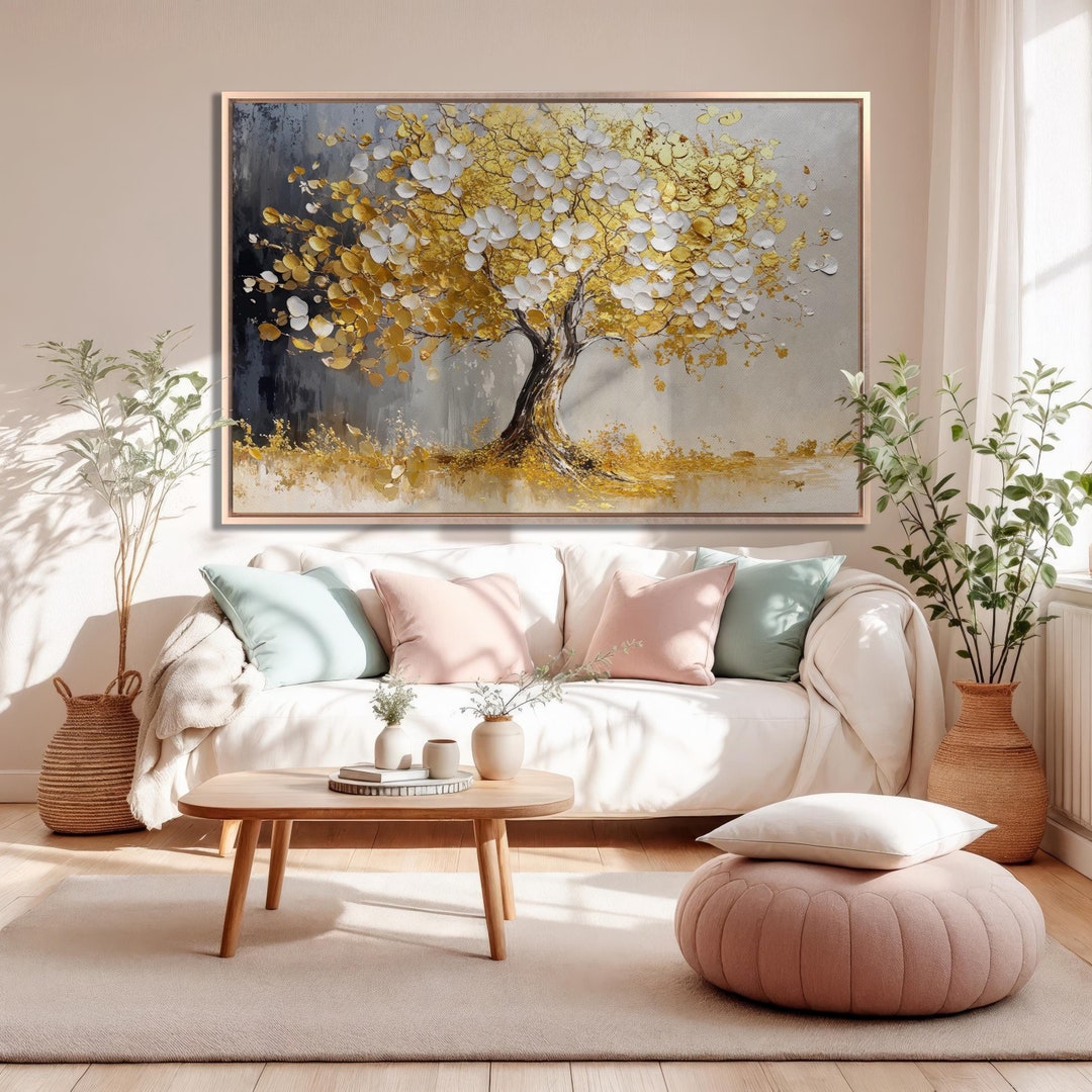 Gold and White Leaf Tree Canvas Wall Art Golden Foliage Painting Print ...